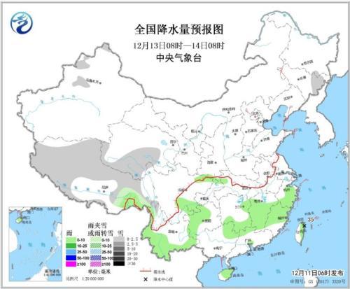 全国降水量预报图(12月13日08时-14日08时)