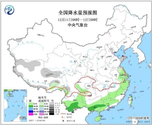 全国降水量预报图(12月11日08时-12日08时)