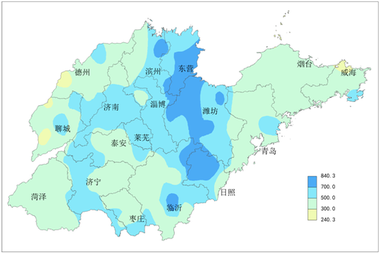 山东省2018年6-8月降水量分布图（mm）
