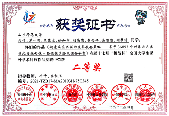 ▲ 第十七届“挑战杯”全国大学生课外学术科技作品竞赛二等奖