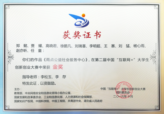 ▲ 中国“互联网+”大学生创新创业大赛金奖