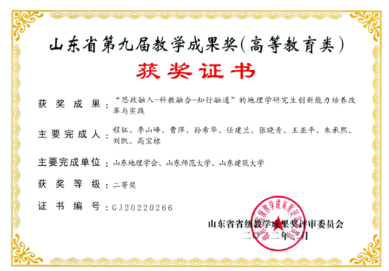 ▲山东省教学成果二等奖