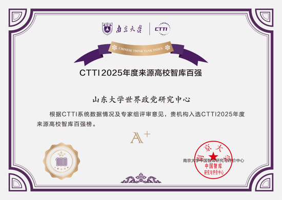 世界政党研究中心成功入选CTTI（中国智库索引）2025年度高校智库百强榜A+等级