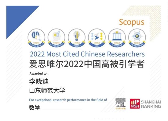 ▲2022年李晓迪教授高被引证书