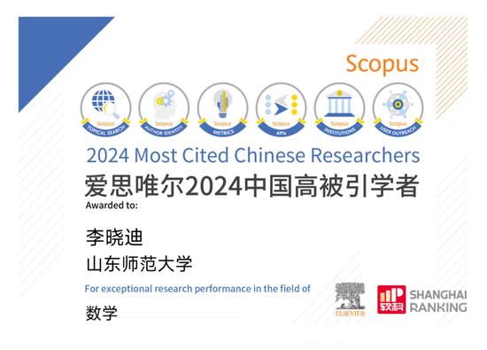▲2024年李晓迪教授高被引证书