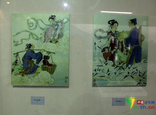 牛郎织女民俗馆内的牛郎织女故事图画。中国青年网记者金佳丽 摄