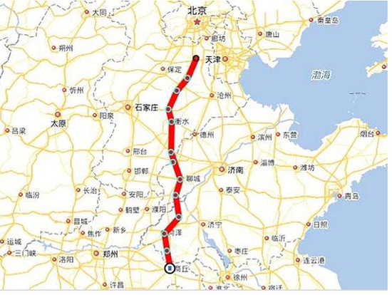 雄安到商丘的高鐵線路示意圖