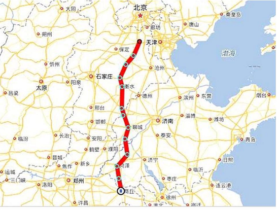 雄安到商丘的高铁线路示意图