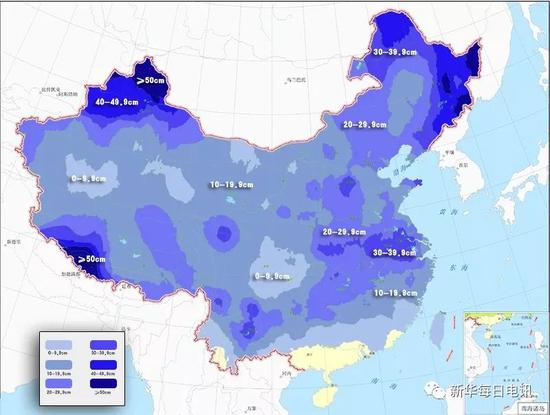 30年最大积雪深度分布图（1981年-2010年）。