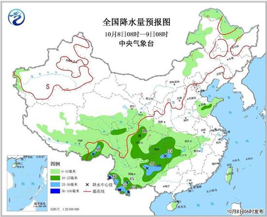 全国降水量预报图（10月8日08时-9日08时）