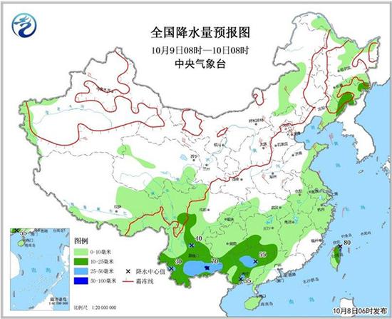 全国降水量预报图（10月9日08时-10日08时）