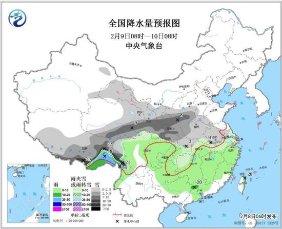 圖2全國降水量預報圖(2月9日08時-10日08時)