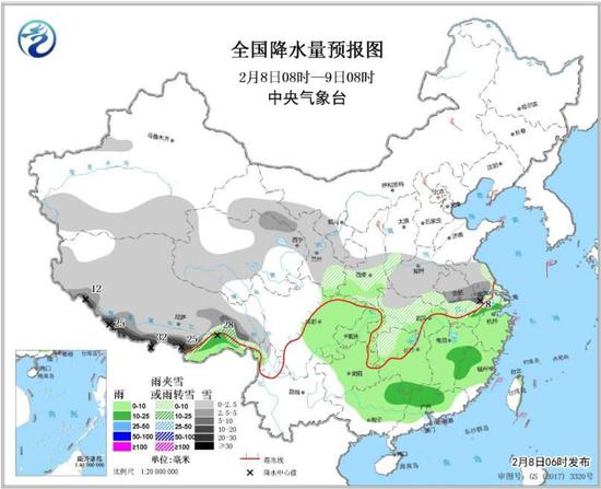 图1全国降水量预报图（2月8日08时-9日08时）