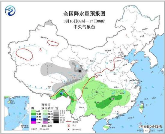 全国降水量预报图（3月16日08时-17日08时）