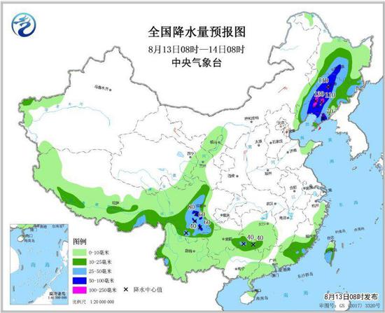 圖4 全國降水量預報圖(8月13日08時-14日08時)