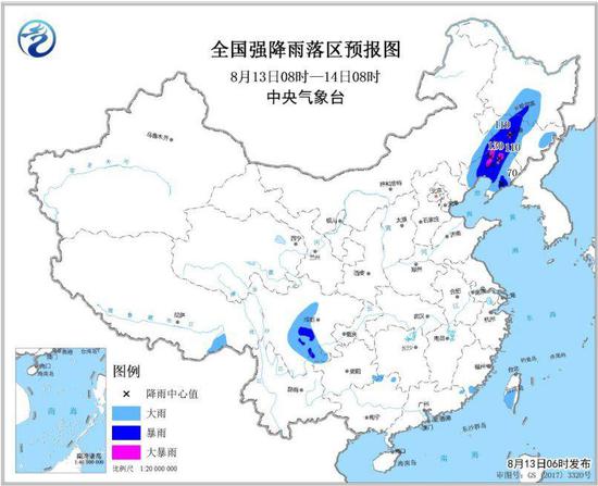 圖2 全國強降雨落區預報圖(8月13日08時-14日08時)