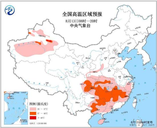 图3 全国高温落区预报图（8月13日08时-20时）