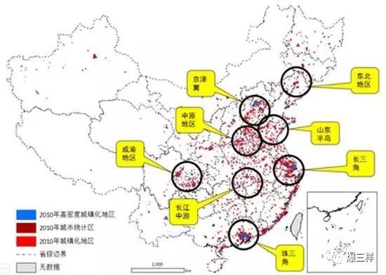 全国主要人口规模一亿左右的城镇密集地区(图片源自澎湃新闻,清华大学龙瀛制图)