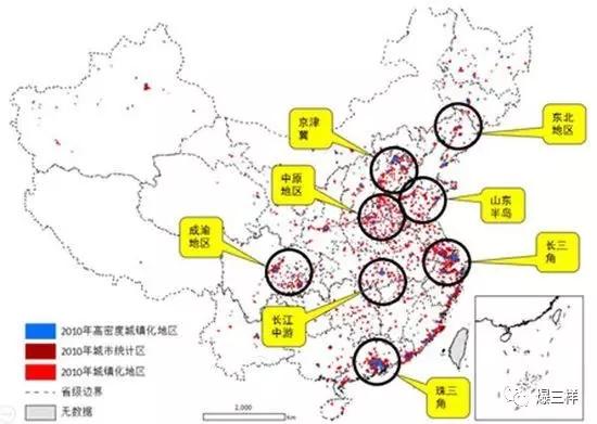 
　　全国主要人口规模一亿左右的城镇密集地区(图片源自澎湃新闻，清华大学龙瀛制图)