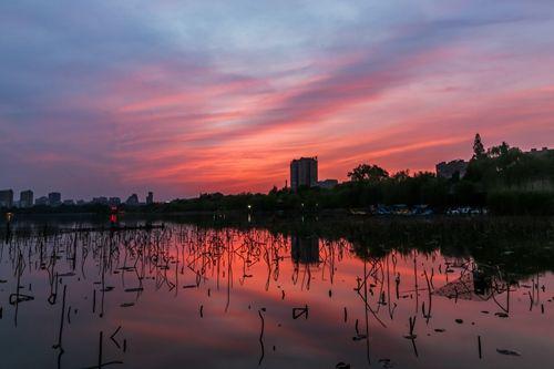 济南大明湖公园现美丽火烧云