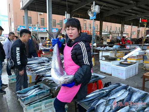 　　年轻姑娘苗婷婷正在帮父母经营海鲜生意，她手中提起的这条鲅鱼整整21斤沉。				