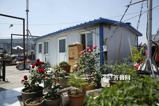 　　走上四樓平臺，違建板房周圍被打扮成了簡易的花園，目前板房主要用作賓館儲藏室。閃電新聞記者 尹承謙 攝