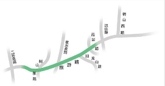 旅游路中段(洪山路口西70米—漿水泉跨線橋以東)將利用“拉鏈車”開辟晚高峰(17:0019:00)潮汐車道。