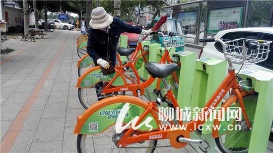 巡檢人員劉女士在擦拭公共自行車。記者 林志濱 攝