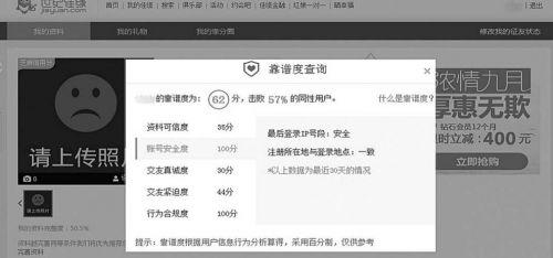 記者以杜撰信息注冊(cè)世紀(jì)佳緣的會(huì)員, 靠譜度62分。