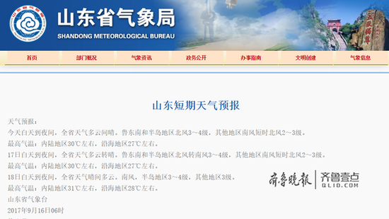 据山东气象台,今天白天到夜间,全省天气多云间晴。最高气温:内陆地区30℃左右,沿海地区27℃左右。