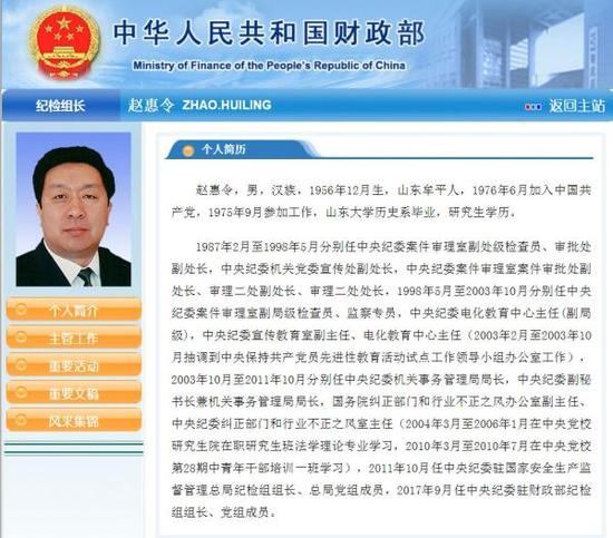 据财政部官网“部长之窗”栏目显示，赵惠令任中央纪委驻财政部纪检组组长、党组成员。