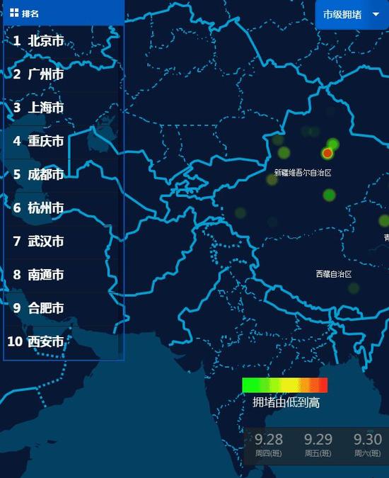 报告预测的全国公路网拥堵分布(市级)。