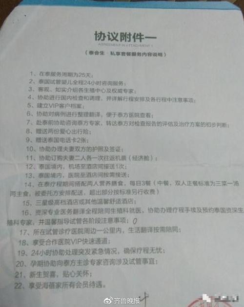 其协议附件一种列举了泰会生·私享套餐服务内容的22项内容，包括泰国试管婴儿全程24小时咨询服务。