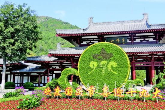 千佛山公園南門,巨型花卉造型喜迎國慶節(jié)。齊魯晚報(bào)·齊魯壹點(diǎn) 記者許建立　攝