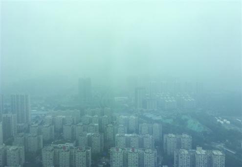 9日,省城遭遇大雾天气,奥体中路远处高楼消失不见。当日,济南气象台发布大雾黄色预警信号。 记者赵天羿摄
