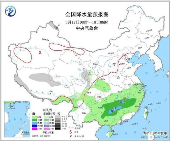 全国降水量预报图（3月17日08时-18日08时）