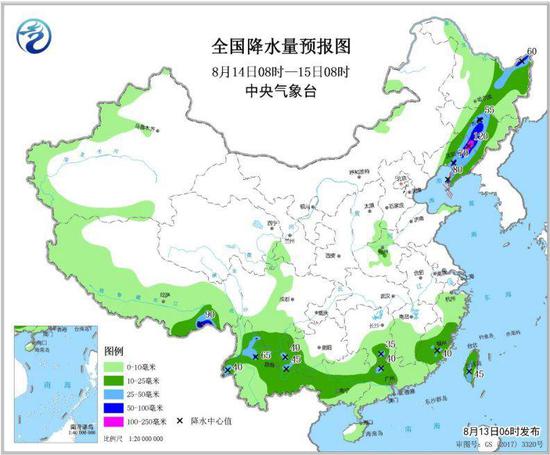 图5 全国降水量预报图（8月14日08时-15日08时）