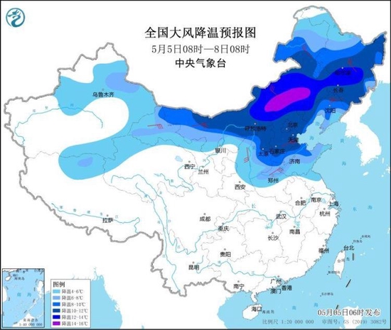 图1 全国大风降温预报图（5月5日08时-8日08时）