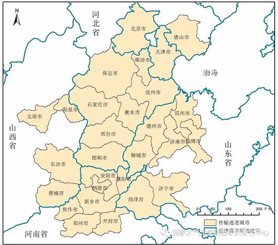 京津冀及周边地区“2+26”城市地理位置图。