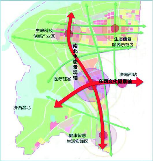 濟南國際醫(yī)學科學中心規(guī)劃形成“二軸四區(qū)多廊”的總體空間結構。