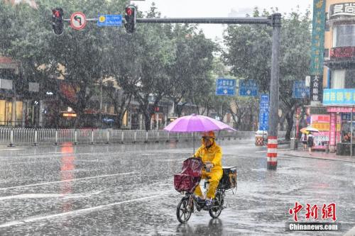 资料图：6月24日，广州，一名外卖配送员在雨中配送外卖。中新社记者陈骥旻摄