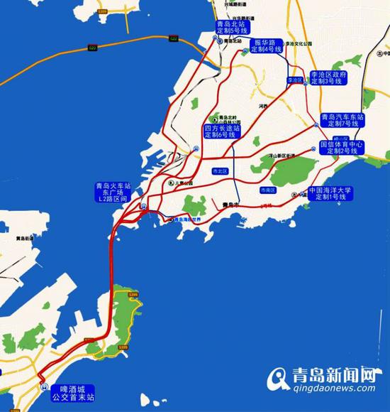 青岛市区至西海岸会场 。