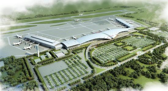 济南机场北指廊建成后的鸟瞰效果图。