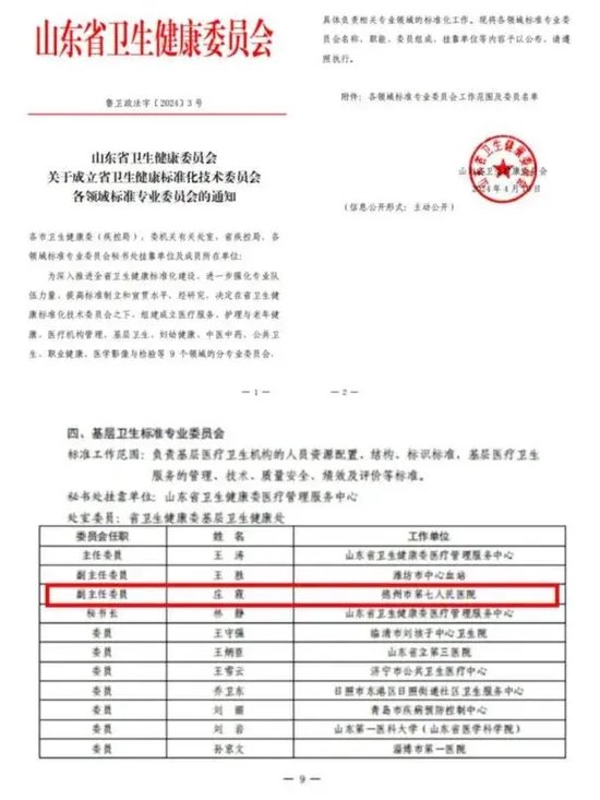 德州市第七人民医院党委副书记、院长庄霞当选山东省基层卫生标准专业委员会副主任委员