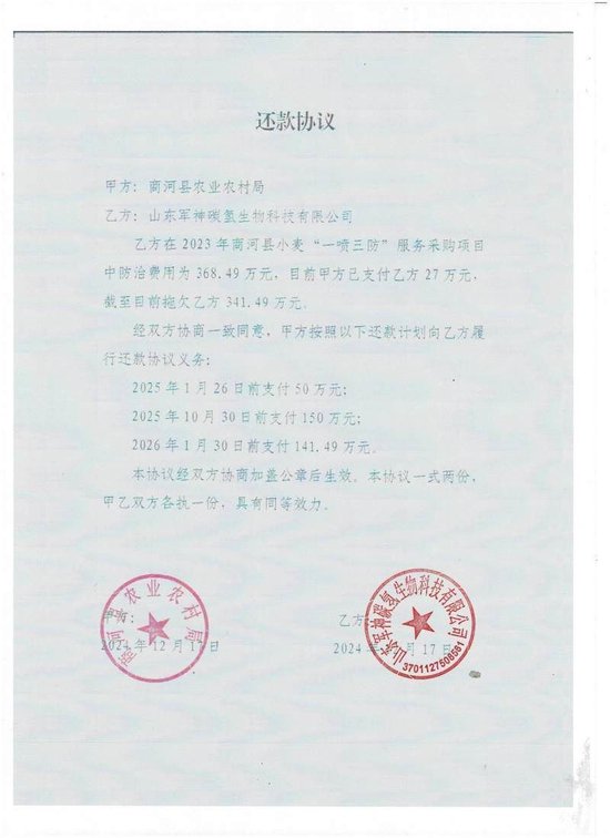 军神公司提供的还款协议。受访者供图