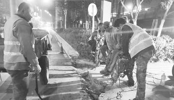 济南市历下区市政工程管理局请来施工人员，连夜拔除伤人的螺丝钉。