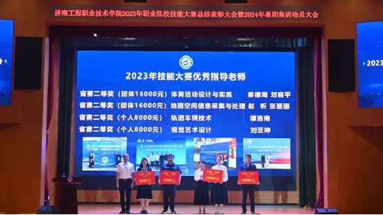 ▲校长吴学军为2023年技能大赛优秀指导老师颁奖