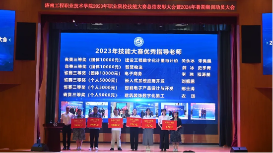 ▲校长吴学军为2023年技能大赛优秀指导老师颁奖