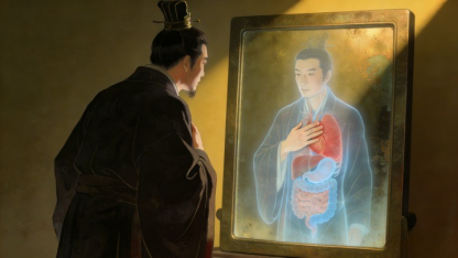 （《西京杂记》和《殷芸小说》记载秦朝咸阳宫内有一宽四尺、高五尺九寸的方镜，用手按压胸口照镜可显现五脏病变并辨别忠奸）