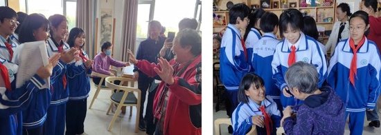 学生们和老人们在互送美好祝福和祝愿